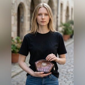 Brown Croc-Texture Heart Accent Women's Cosmetic Bag